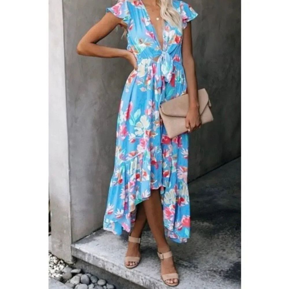 ✨VICI Deep V-Neck Bow Tie Front All Over Floral High Low Maxi Sz Medium Dress✨